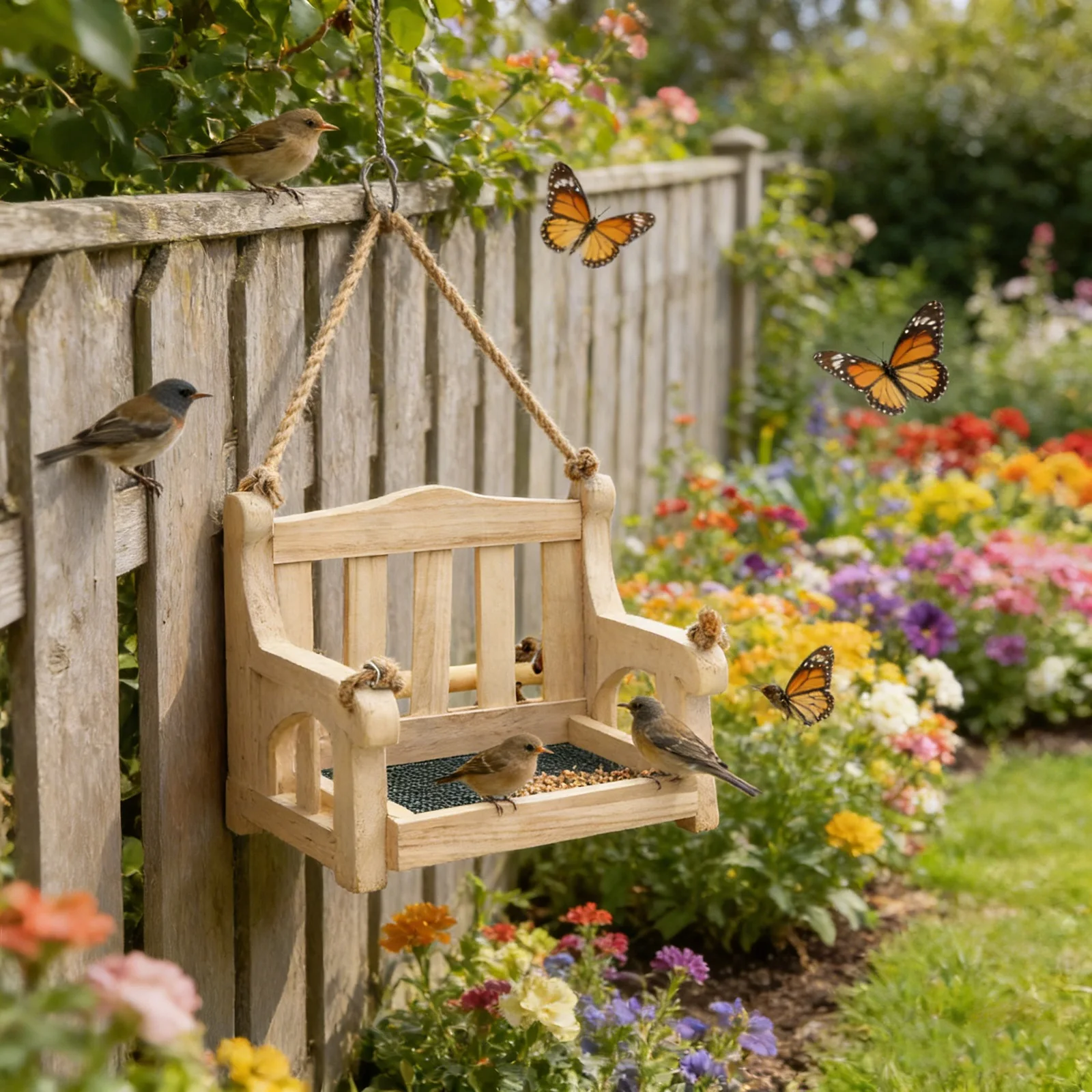 Outdoor New Wooden Swing Bird Feeder Bracket Metal Mesh Bottom Wooden Bench Shaped Bird Feeder Garden Yard Tree Hanging Decor