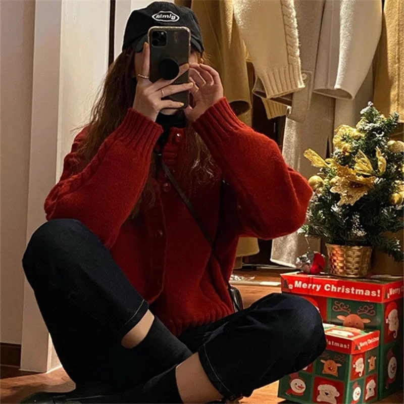 DAYIFUN-Women's Loose O-Neck Sweater Short Cardigans Vintage Fried Dough Twist Knitted Coats Autumn Winter New Jumpers for Women