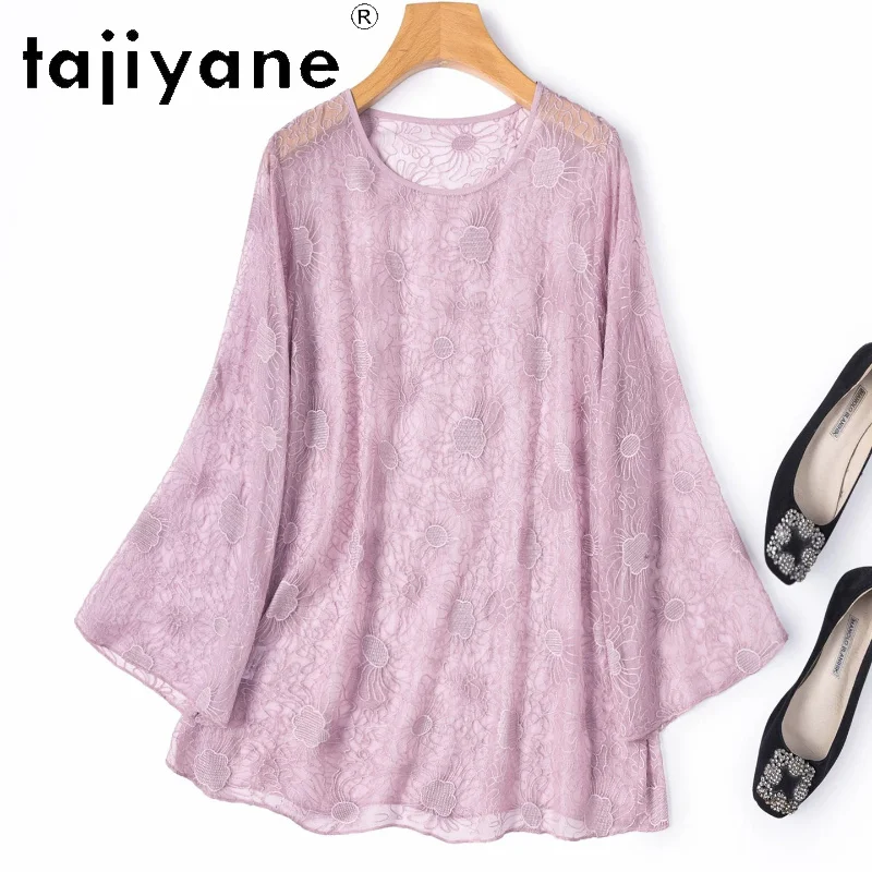 

TAJIYANE 100% Mulberry Silk Women T Shirts Pink Embroidered Semi-Sheer Blouse Summer Casual Tops for Woman Clothing 2026 ropa