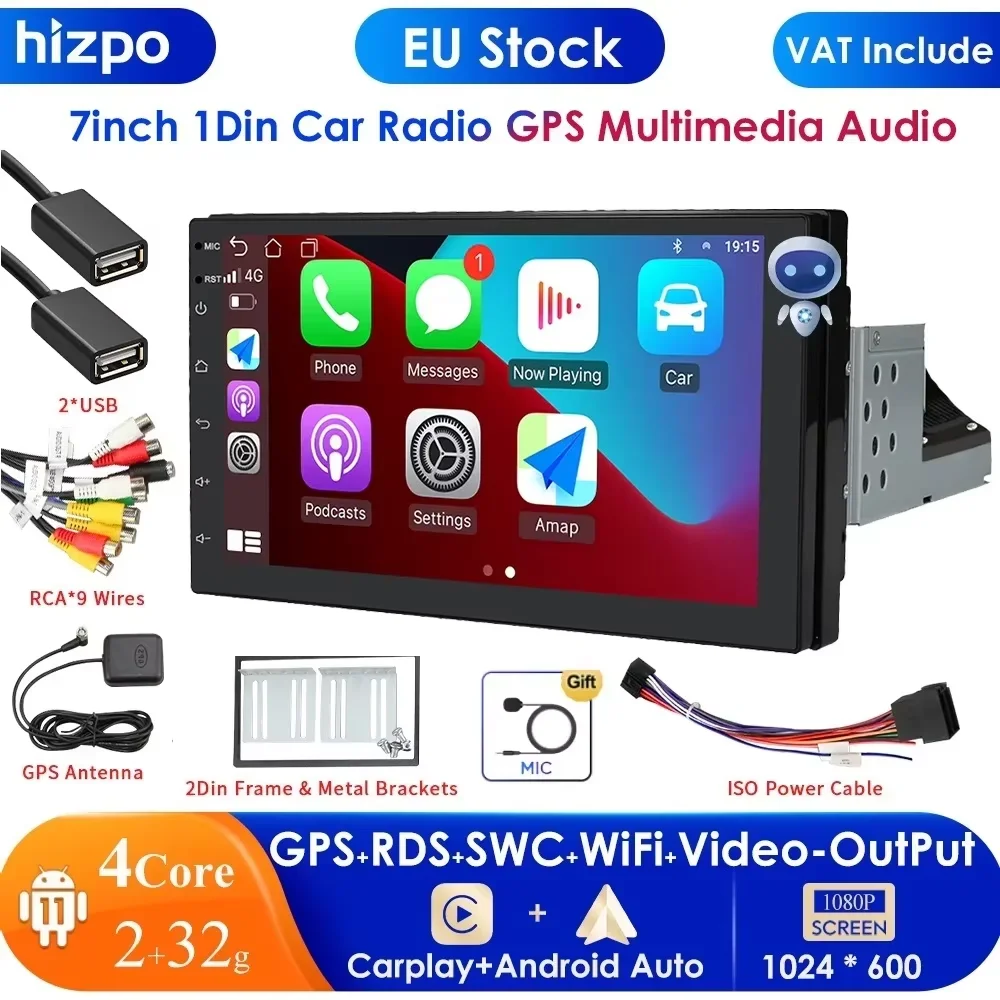 2GB+32GB Carplay 7inch 1 Din Android Auto Radio GPS Universal Car Multimedia Player Stereo 1Din Video-OutPut Autoradio Audio RDS