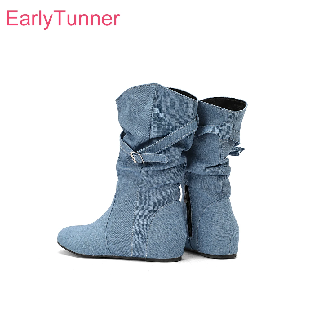 

2025 Новые зимние удобные синие желтые женские ботинки до середины икры с напуском на танкетке 4 см, женская повседневная обувь плюс большой размер 12, 43 48 50