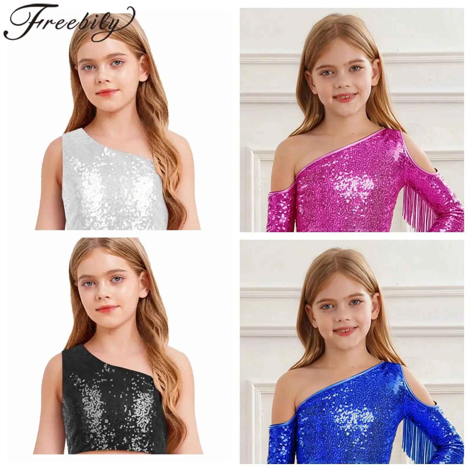 

Children Fashion Sparkly Sequins Tops for Girls Ballet Clothes Sleeveless Tops Streetwear Teens Performance Jazz Dance Costumes