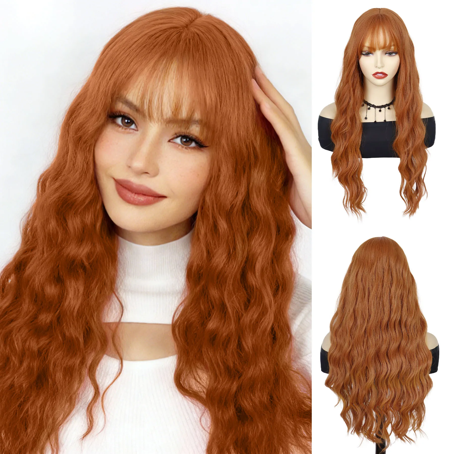

Синтетический парик для дрэг-квин, длинные волнистые волосы, женский парик цвета имбирь с челкой, оранжевый парик для Хэллоуина, карнавала, вечеринки, косплея