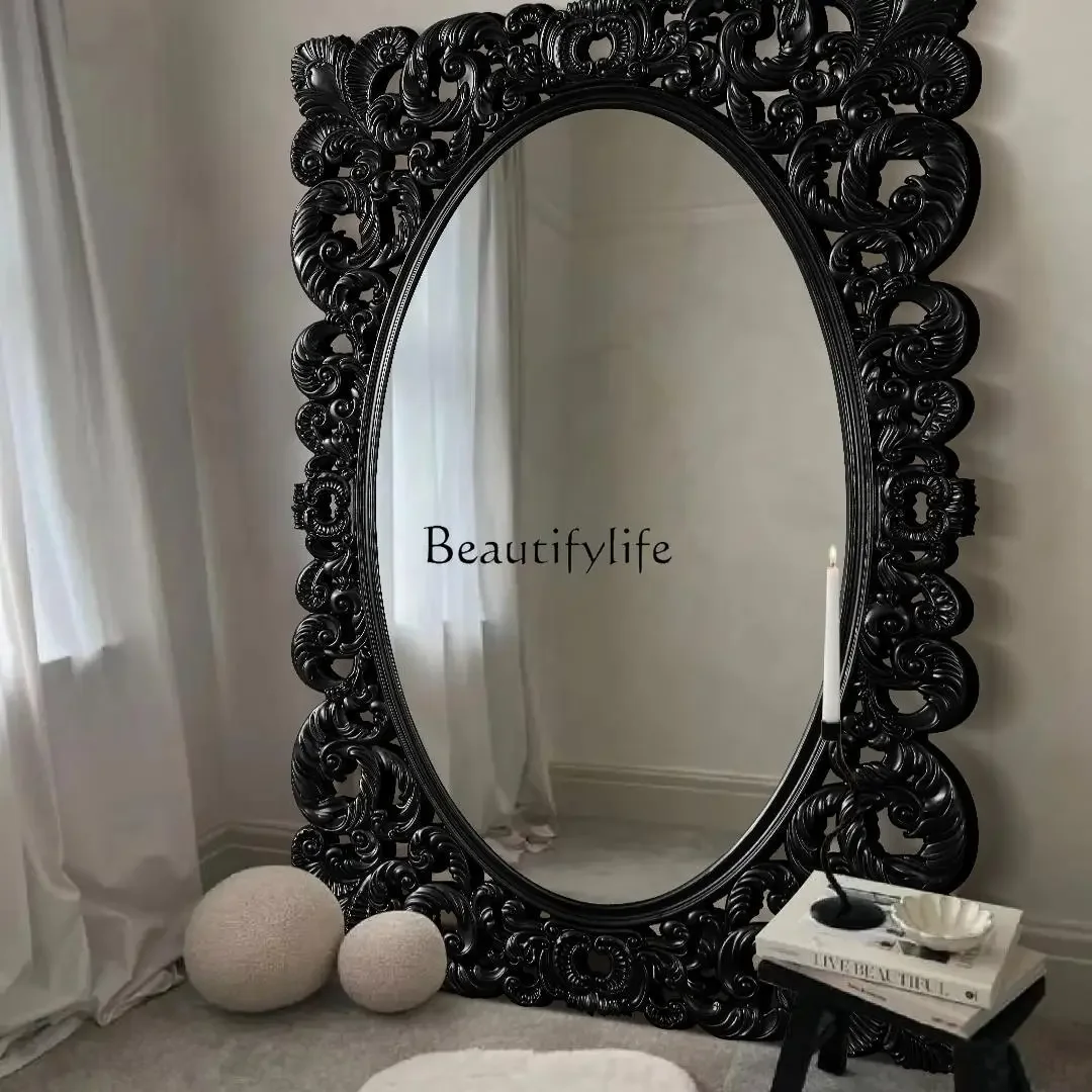 03LEuropean-style Luxurious Full-length Mirror French Vintage Carved Floor Decorative Mirror