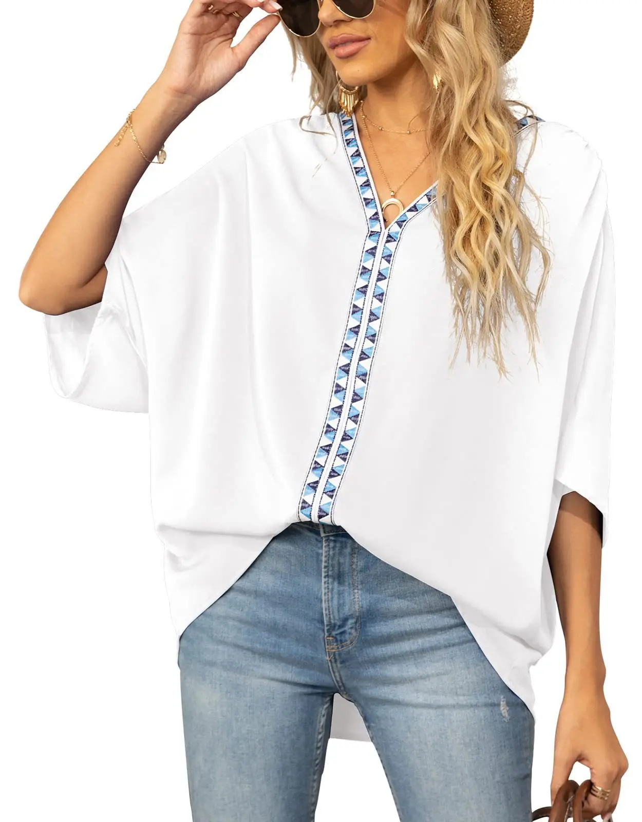 

Summer New Fashion Women's Loose Batwing Sleeve V-Neck Lace Casual Elegant Solid Color Base Shirt Tops