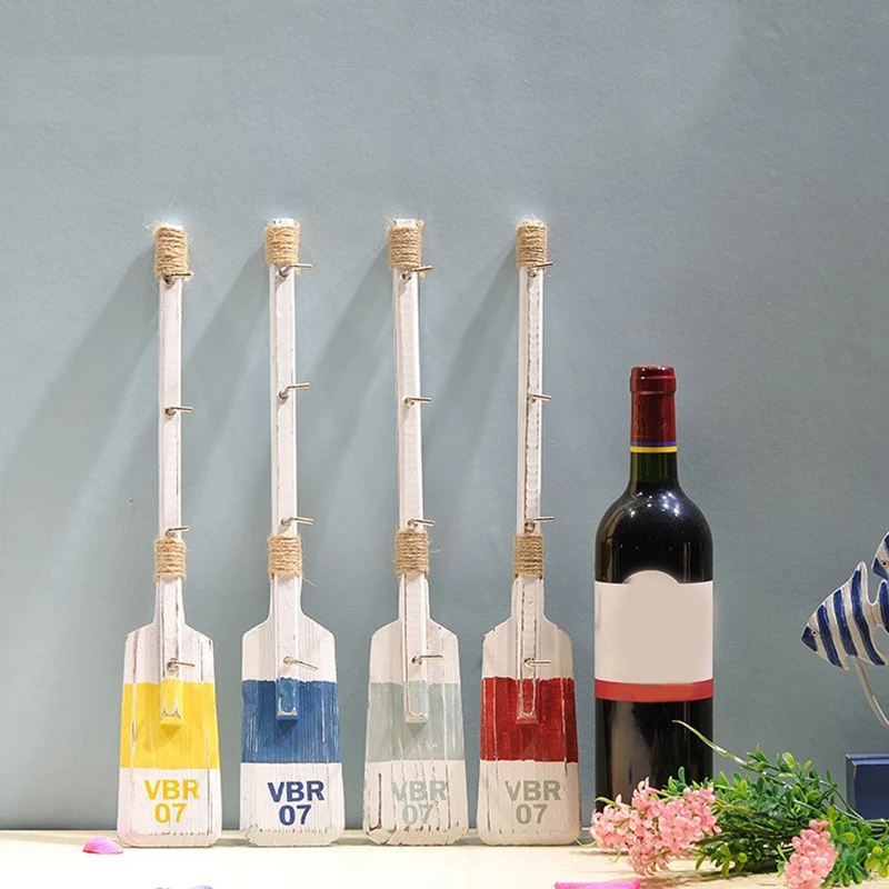 1Pc 40cm Nautical Wooden Oar Wall Decor with Hooks Paddle Adornment Coat Hooks Rack Mediterranean Antique Home Decor