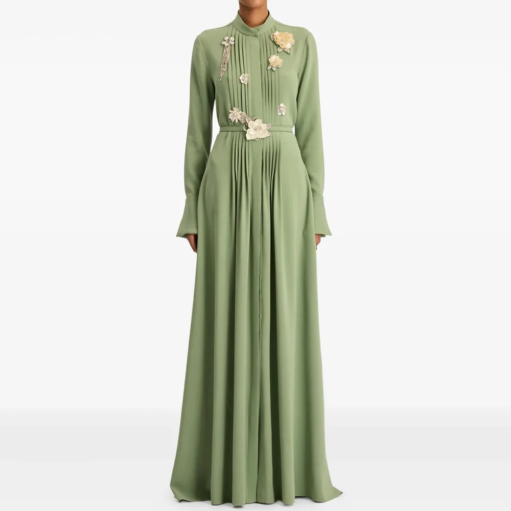 

A-line Women's Evening Dresses Floor-length High-neck Full Sleeve Prom Gown Fashion Flowers Crystal Pleat Draped Customized Gown