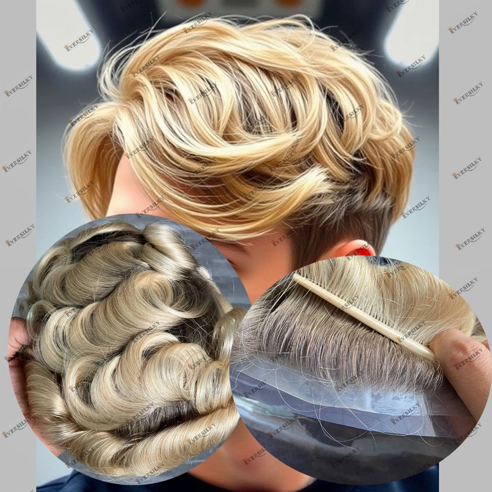 

Европейские волнистые человеческие волосы 4T613, естественная линия волос, мужской парик, омбре, блондинка, мужской капиллярный протез, незаметные парики из тонкой кожи