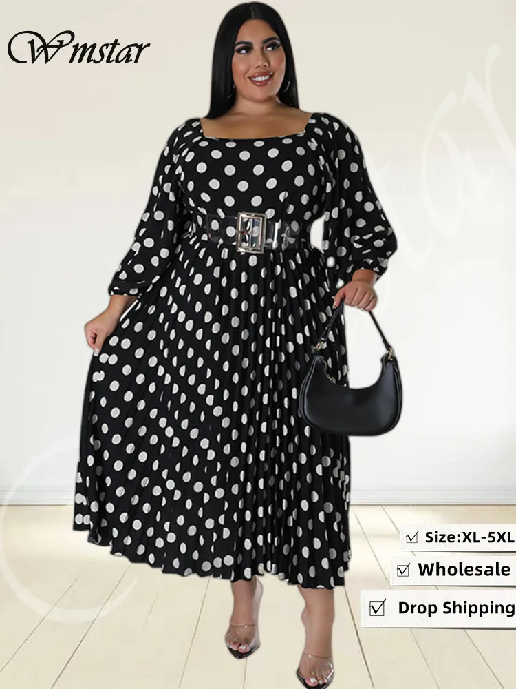 Wmstar Frauen Kleidung Plus Größe Kleider mit Gürtel Dot Print Lose Open Back Elegante Mode Maxi Kleid Großhandel Dropshipping