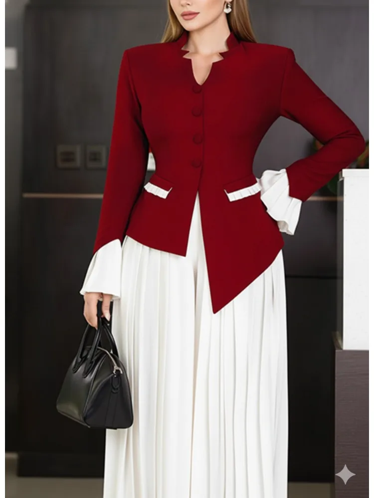 Elegancka damska marynarka Freeacy w stylu retro z kołnierzem mandaryńskim, jednorzędowa, asymetryczna, z kontrastowym podkreśleniem talii, idealna do biura.