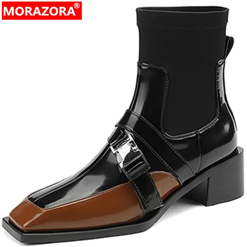 

MORAZORA 2022 New Synthetic Modern Boots Woman Spring Ankle Stretch Boots Square Med Heels Mixed Colors Shoes