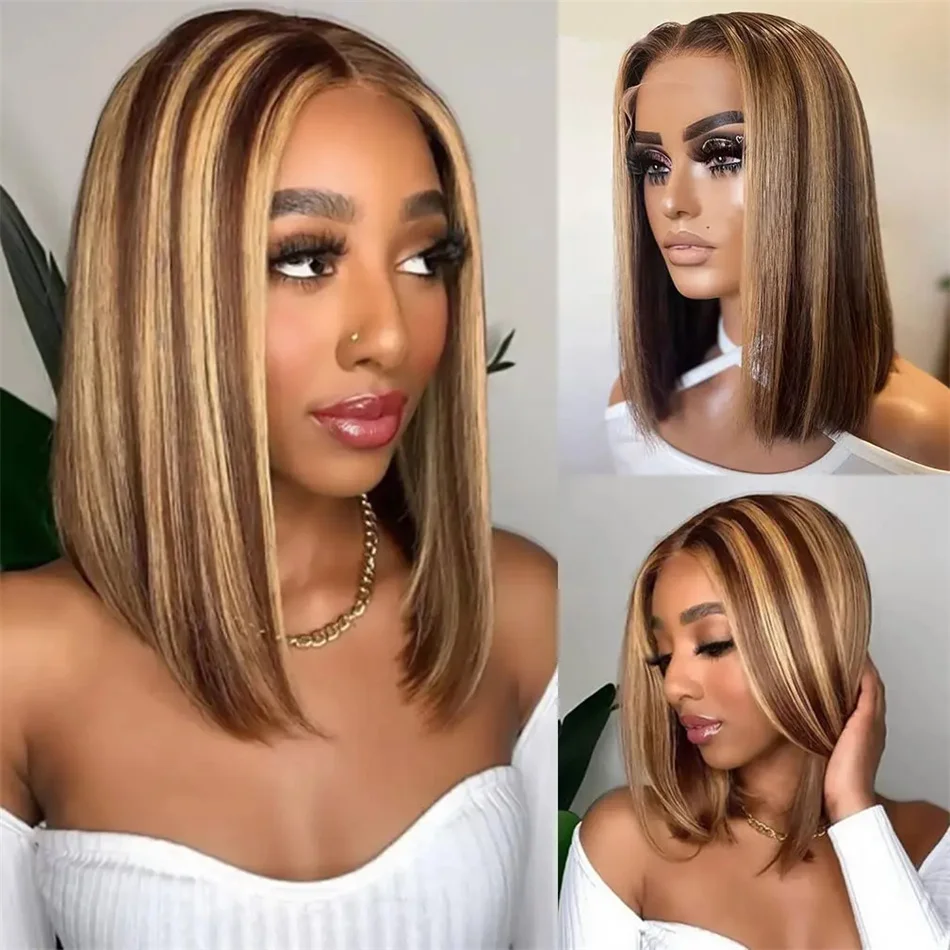 180 Density Highlight Blonde Straight Short Bob Wig Transparent Lace Frontal Human Hair Wigs For Women Highlight 13x4 Lace Wig