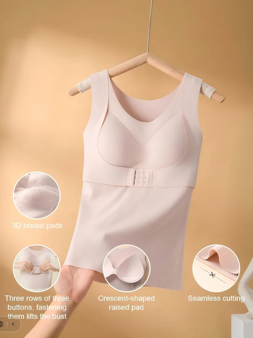 

Autumn and Winter Style Casual Simple Women's Round-Neck Thermal Vest with Built-In Chest Pads, No Need to Wear a Bra, Lightweight and Highly Elastic, Front Buckle for Lift and Support, Seamless, No Underwire, Comfortable, High Elasticity, Non-Tight-Fitti