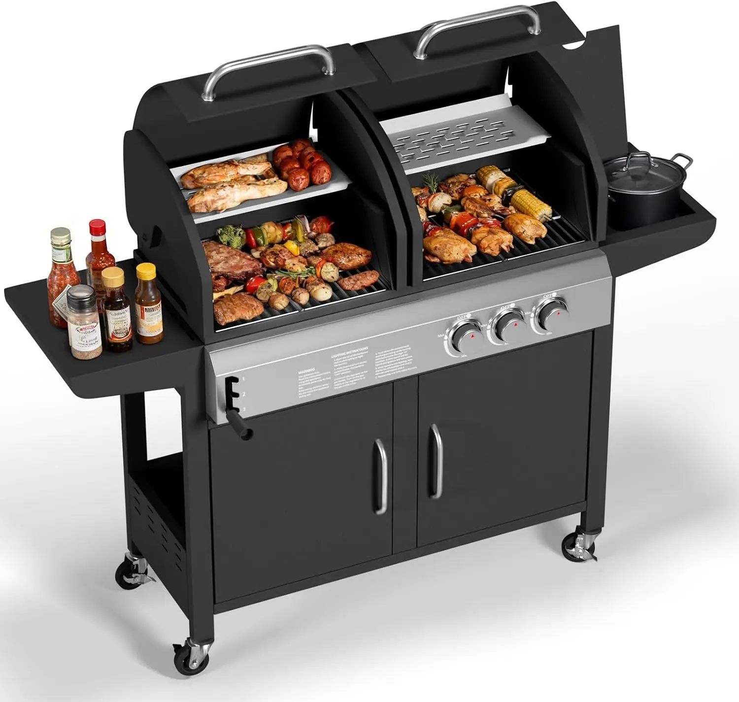 Propane Gas & Charcoal Grill Combo – 24,000 BTU Dual-Fuel Hybrid BBQ with Side Burner & Porcelain-Enameled Cast Iron Grates, for Outdoor, Patio, Camping & Backyard, 690 Sq. In. Cooking Area