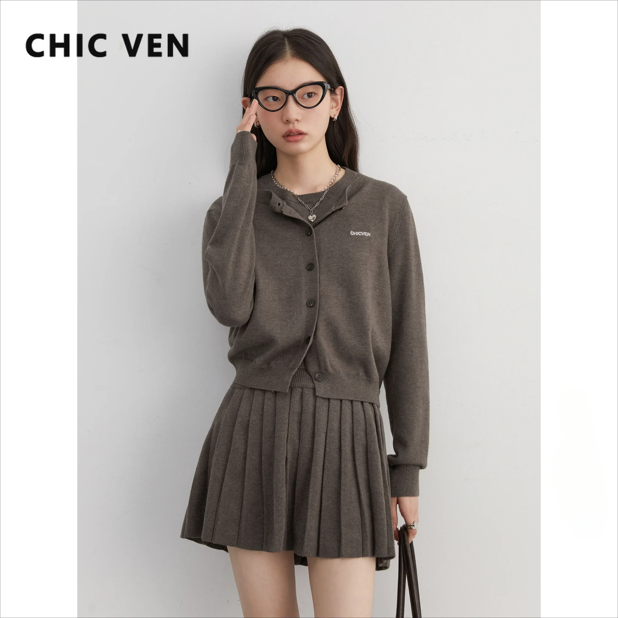 CHIC VEN Women Skirt Sets Solid Knitted Cardigan Short Sleeved Top Female Pleated Skirt Three Piece Optional Spring Autumn 2024