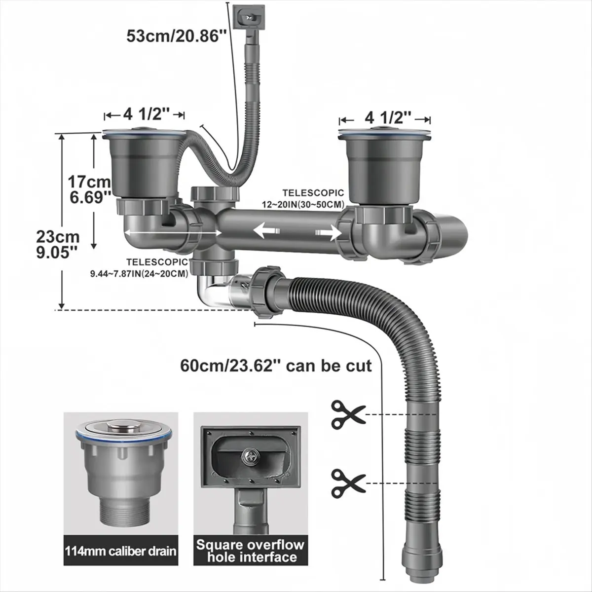 ABNH Double Sink Drain Kit Space Saving Kitchen Sink Drain Kit Expandable Flexible 1 1/2In P-Trap Pipe 3-1/2 Inch Sink Drain
