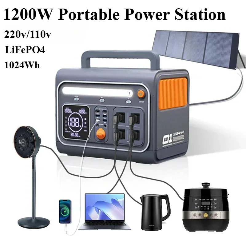 

1200w Portable Power Station 1024Wh solar generetor Pure Sine Wave AC Outlet LiFePO4 Outdoor Emergency Mobile Power Bank Camping