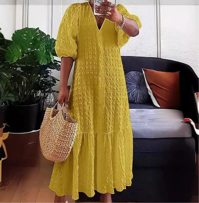 

Летнее женское платье с фактурной тканью, V-образным вырезом, коротким рукавом, свободного кроя, повседневное, модное, для женщин, в стиле платья-рубашки, Vestido Robes