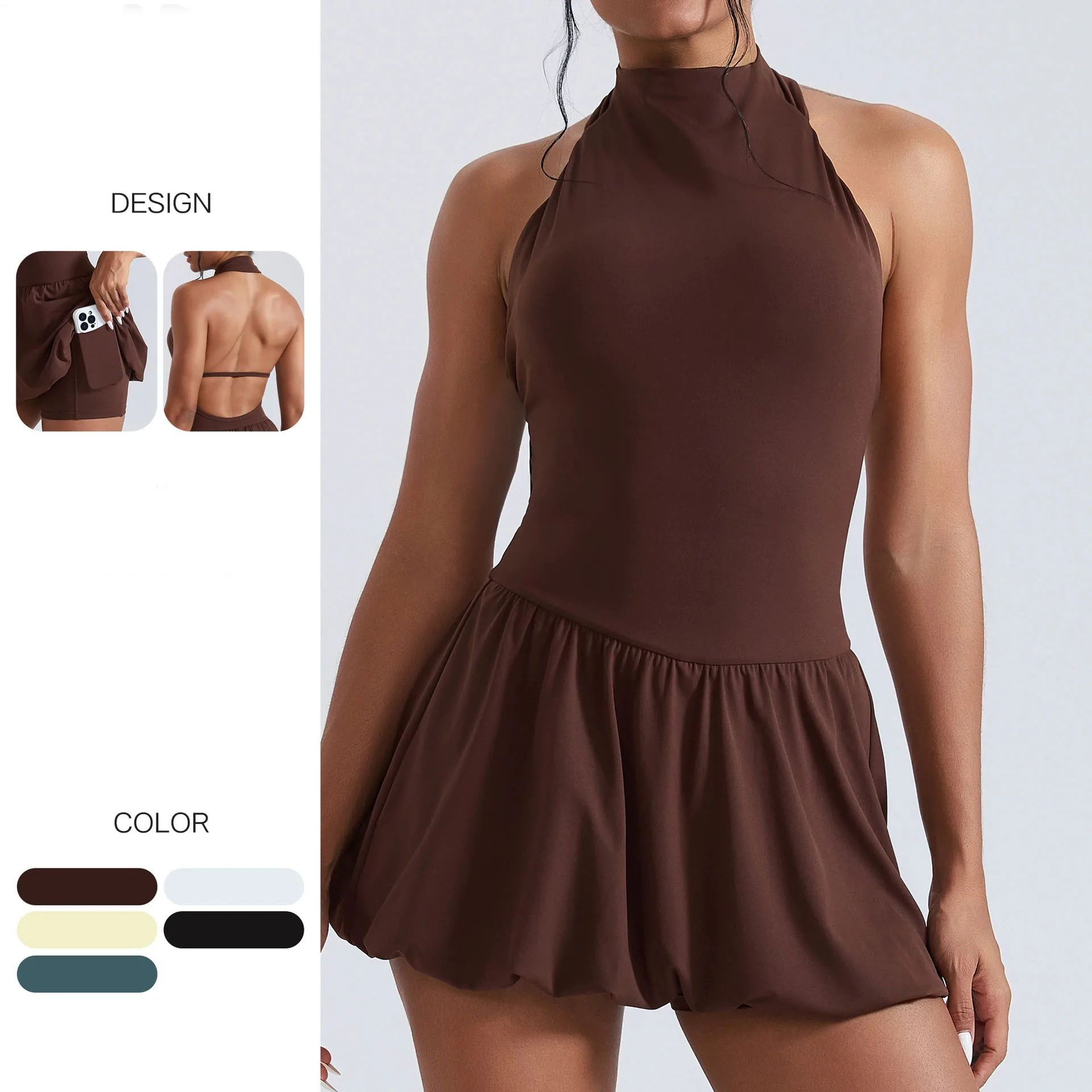 Women Tennis Dresses Quick Drying High Neck Backless Golf Skirt Built In Shorts With Pockets Gym Running Yoga Dress