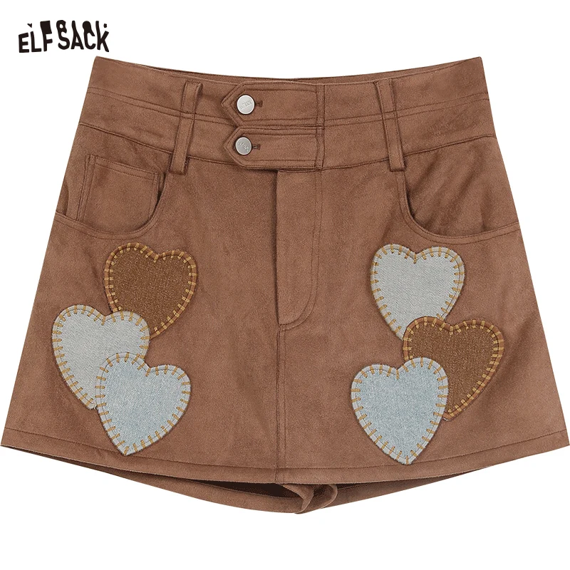 ELFSACK 2024 Autumn New Arrive Love Embroidery Khaki Suede High Waist Patch All-match A-line Skirt for Women