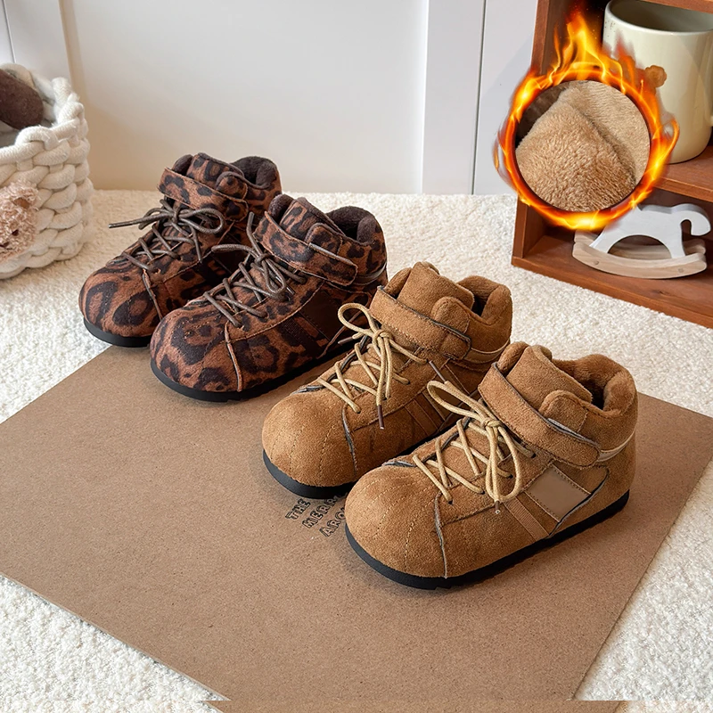 

Children's Flat Ankle Boots Kids warm Cotton Shoes 2025 Winter Designer Boys Girls Sneakers New Brand Trend Leopard Snow Botas