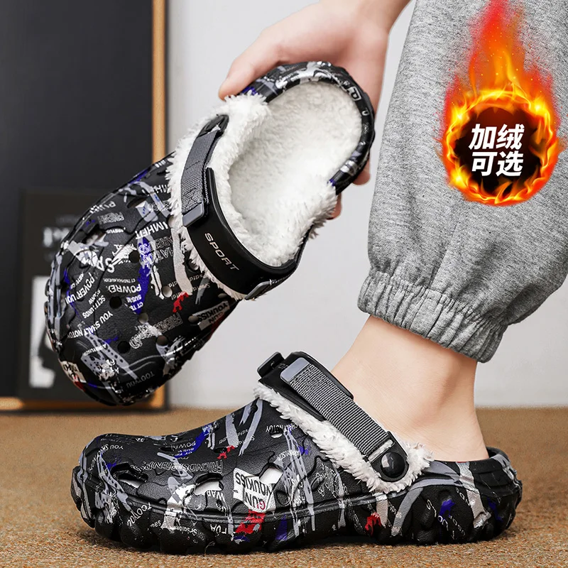 Winter Clogs Fleece Lined Half Shoes for Men Mules Open-Heel Slippers Scuffs Indoor Open-back Casual Shoes Plush Slides Sandal