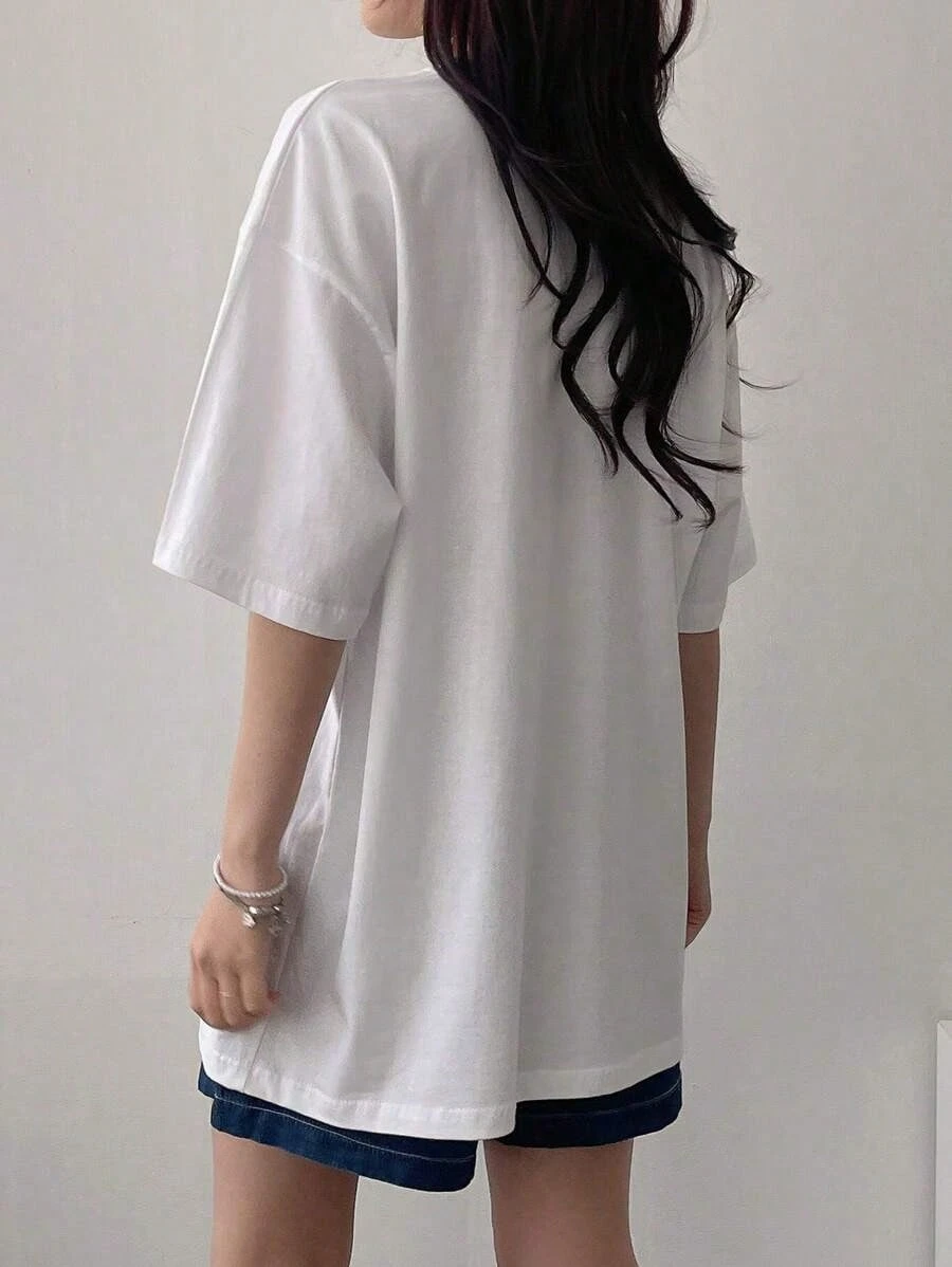 المرأة عادية فضفاض الكتف إلكتروني تي شيرت مطبوع حجم كبير تي شيرت ريترو 2026 الصيف Y2k نمط Harajuku الشارع نمط