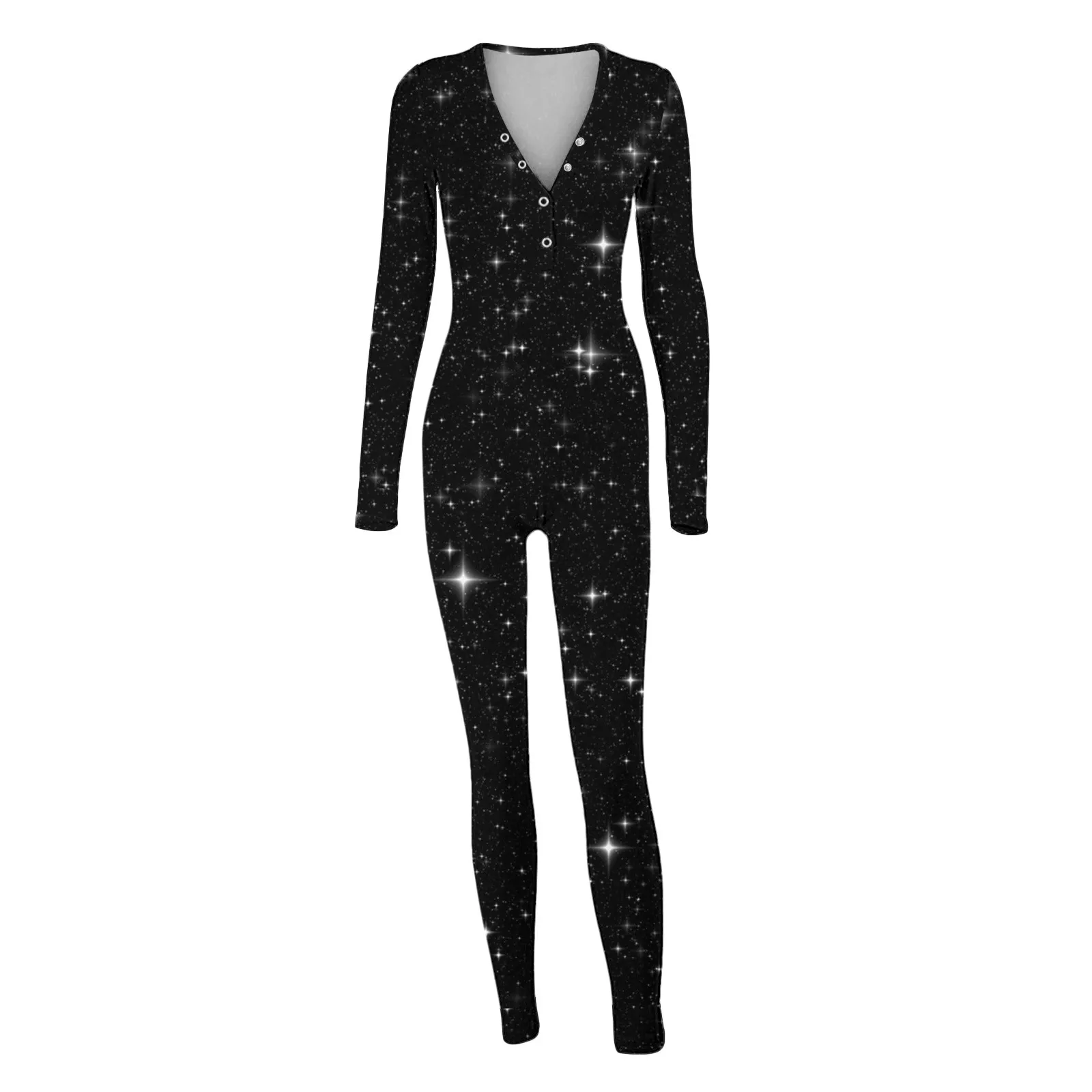 Women\'s Sleepwear Jumpsuit Button-Down Casual Print Functional Long Sleeve Romper Pajamas Set Adult Romper Sexy Onesies Bodysuit