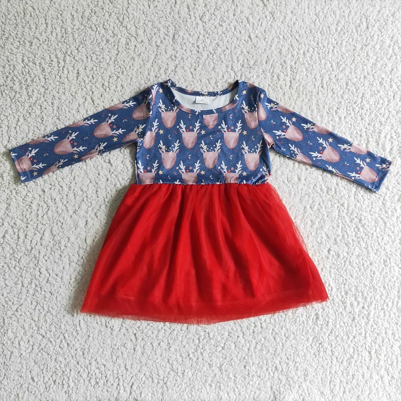 

Red New Fashion Cute Fall Baby Girls Fawn Red Mesh Long Sleeve Dress Wholesale Boutique Children Kids Skirt