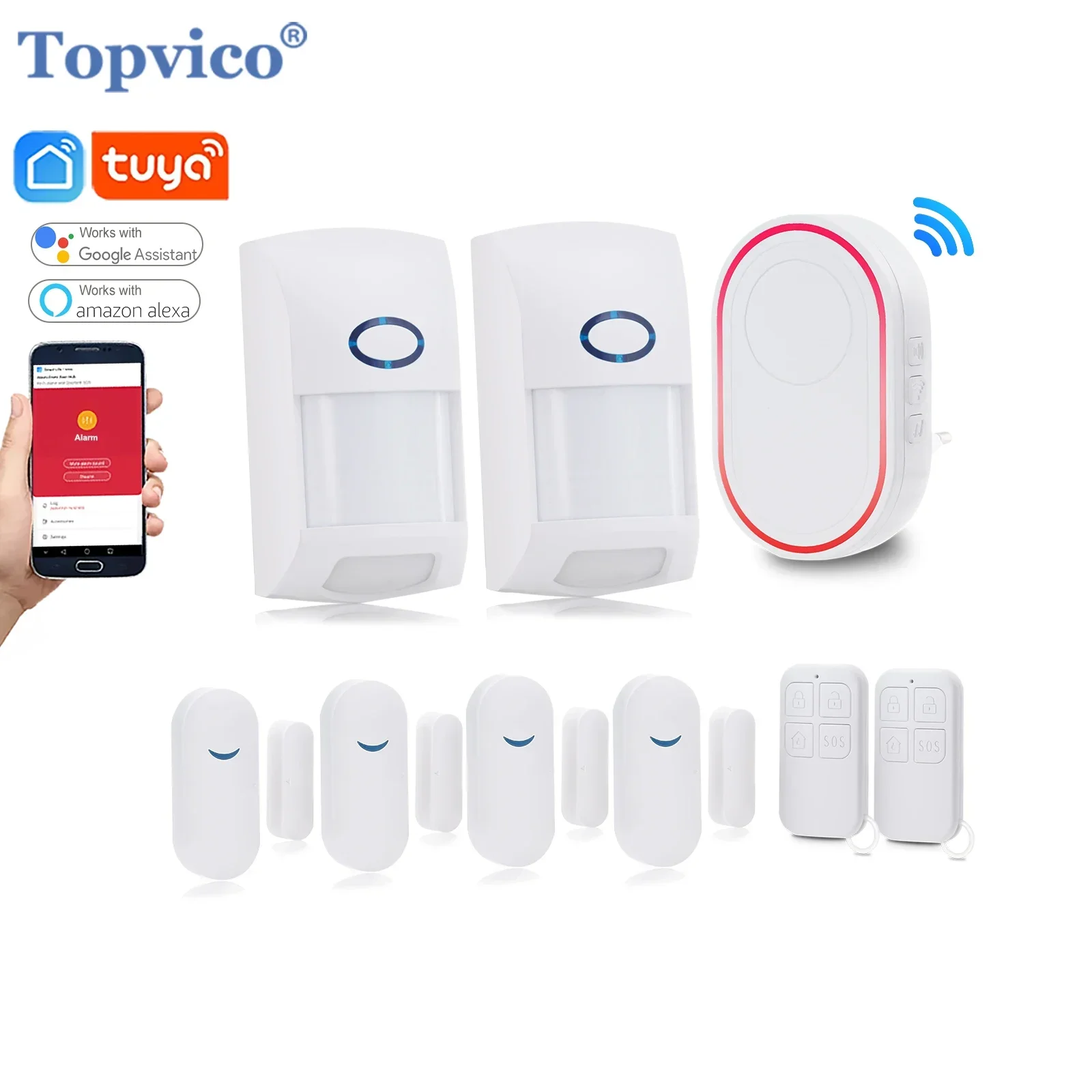 Topvico Tuya Smart Home Security System WiFi Hub Door Sensor PIR Motion Detector Smoke Alarm CO Detector Remote Control