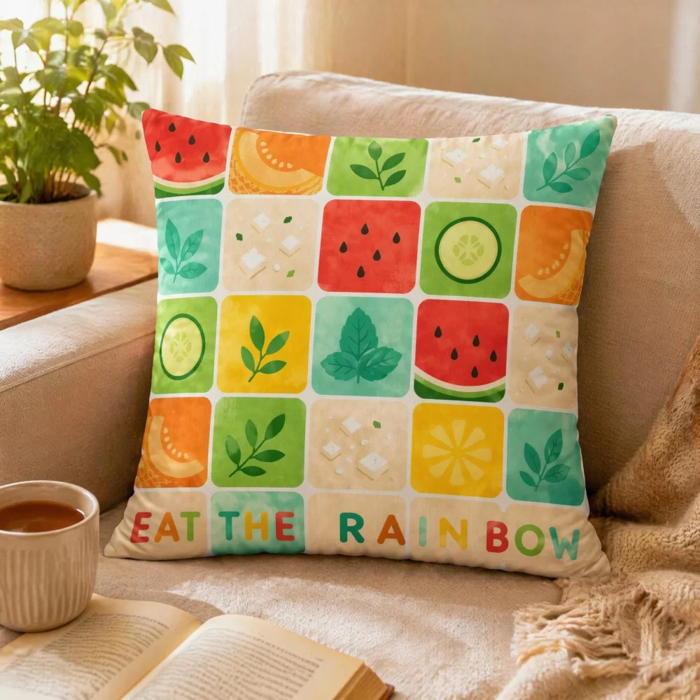 Vibrant Summer Fruit Tile Mosaic Stuffed Square Pillow, Rainbow Fruit Leaf Printed Decorative Throw Pillow, Soft Couch Decor