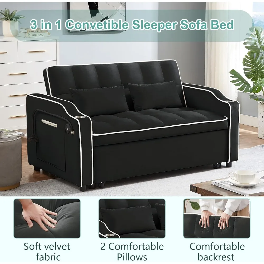 Modern Velvet Sleeper Sofa with Pull Out Bed and Adjustable Backrest, Loveseat with Cup Holders for Comfortable Living