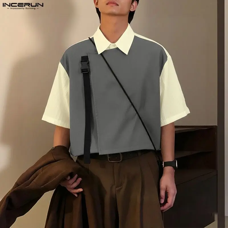 INCERUN الرجال قميص المرقعة التلبيب نصف كم ملابس الرجال غير رسمية فضفاضة الشارع الشهير الكورية نمط بلوزات على الموضة الذكور القمصان S-5XL