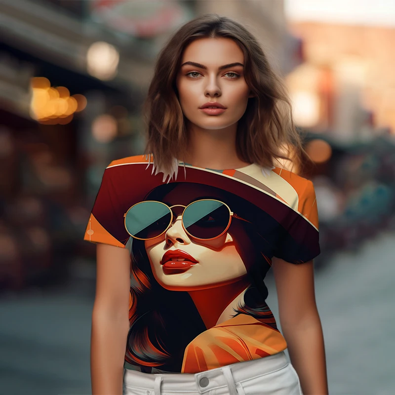 Summer new lady T -shirt sunglasses beauty 3D printed lady T -shirt casual lady T -shirt fashion trend loose lady T -shirt