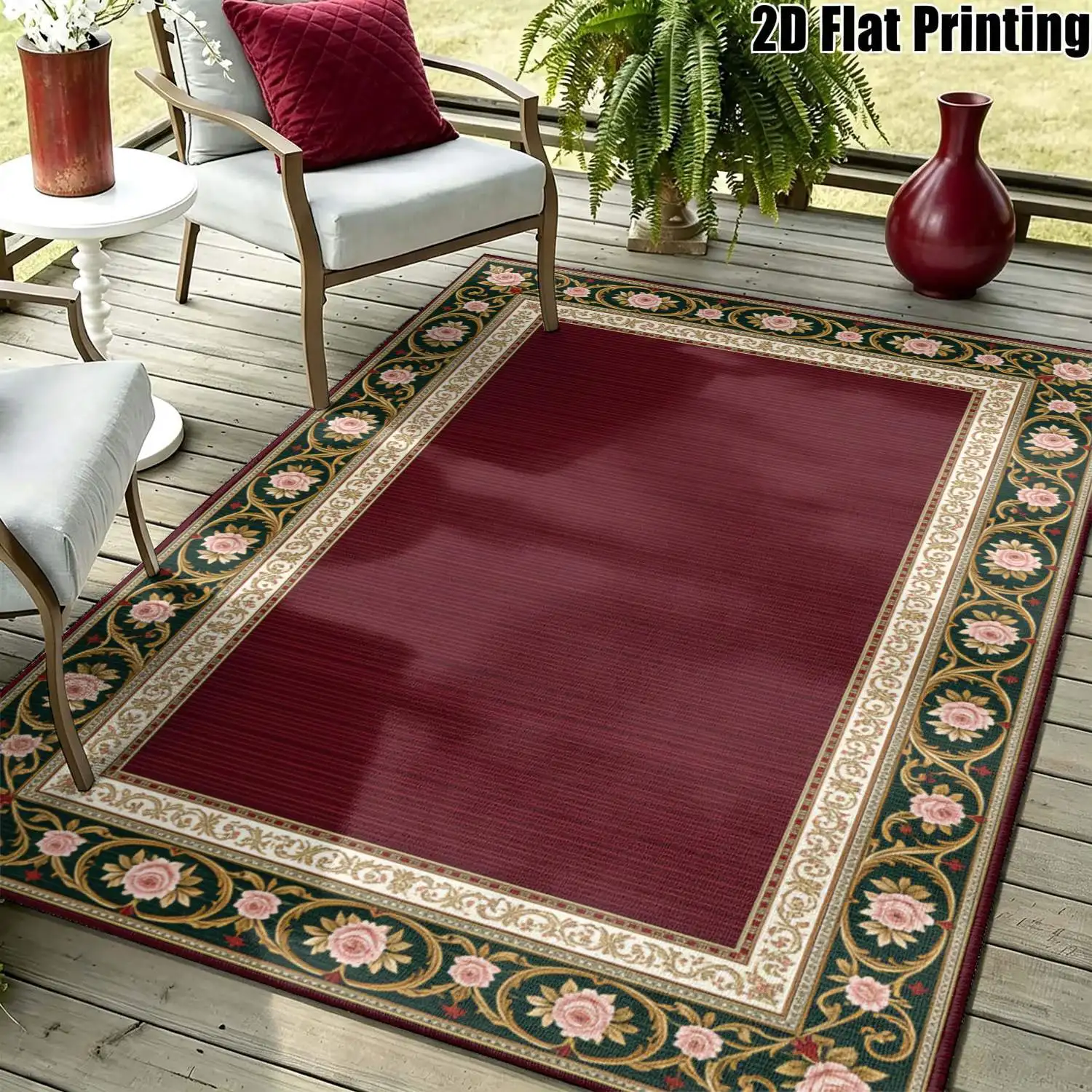 1Pc 2D Printed Retro Red Green Floral Carpet: Vintage European Style Home Decor, Multi-Size, Machine Washable, Suitable for Entrance, Dining, Foyer, Study, Living Room, Bedroom