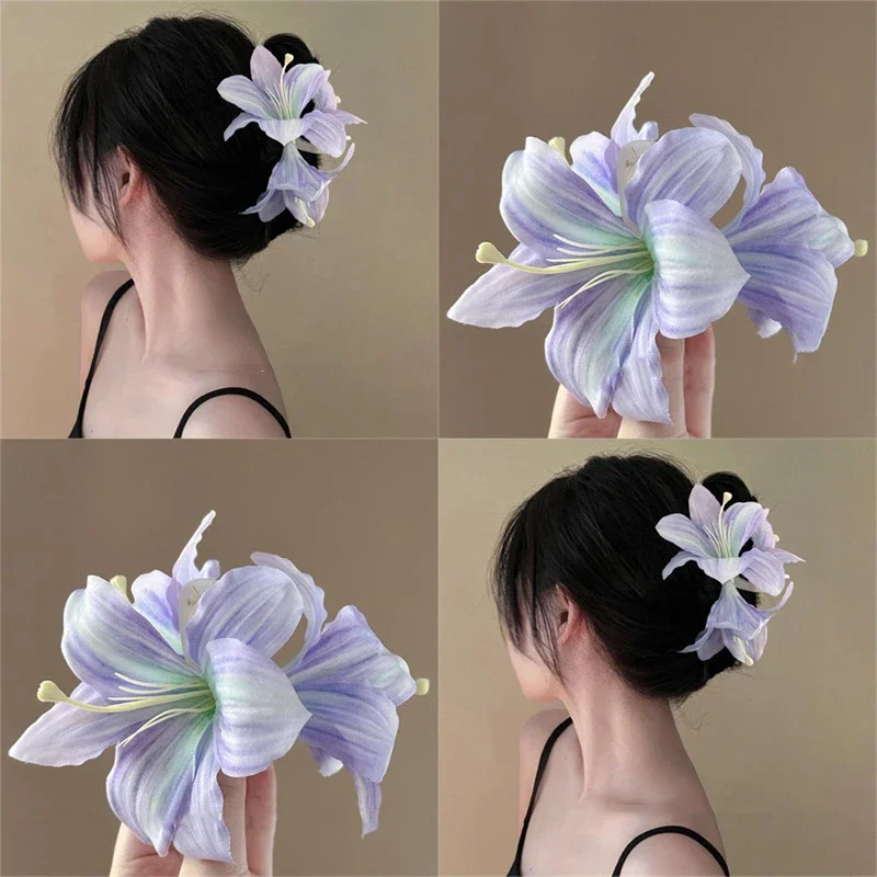 Bohemia Lilium-Blumen-Haarspange, große Haarklammer, Haarknoten-Clip, Haarklammer in Lilienform, trendiger Urlaubsschmuck, Haargummi
