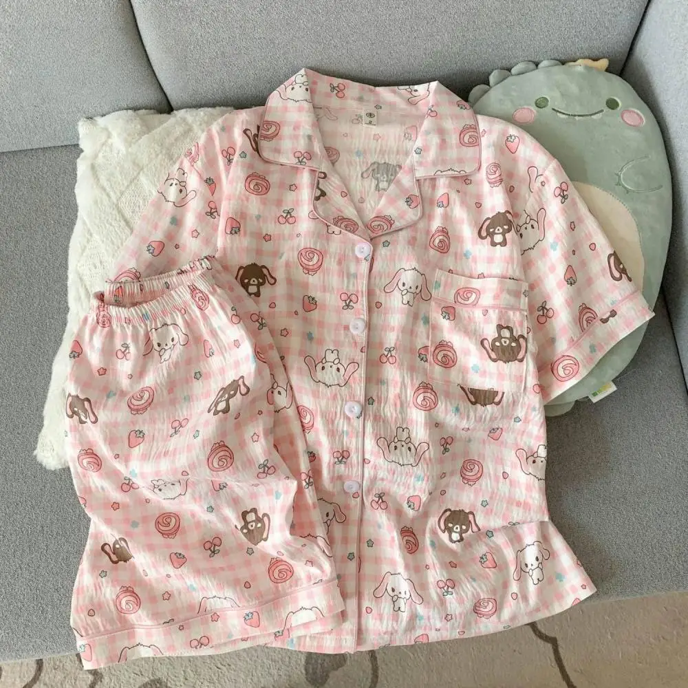 

Хлопковый летний пижамный костюм из 2 предметов, женские шорты с короткими рукавами в стиле аниме Cinnamoroll, студенческий комплект домашней одежды с героями мультфильмов для милых девочек Kt