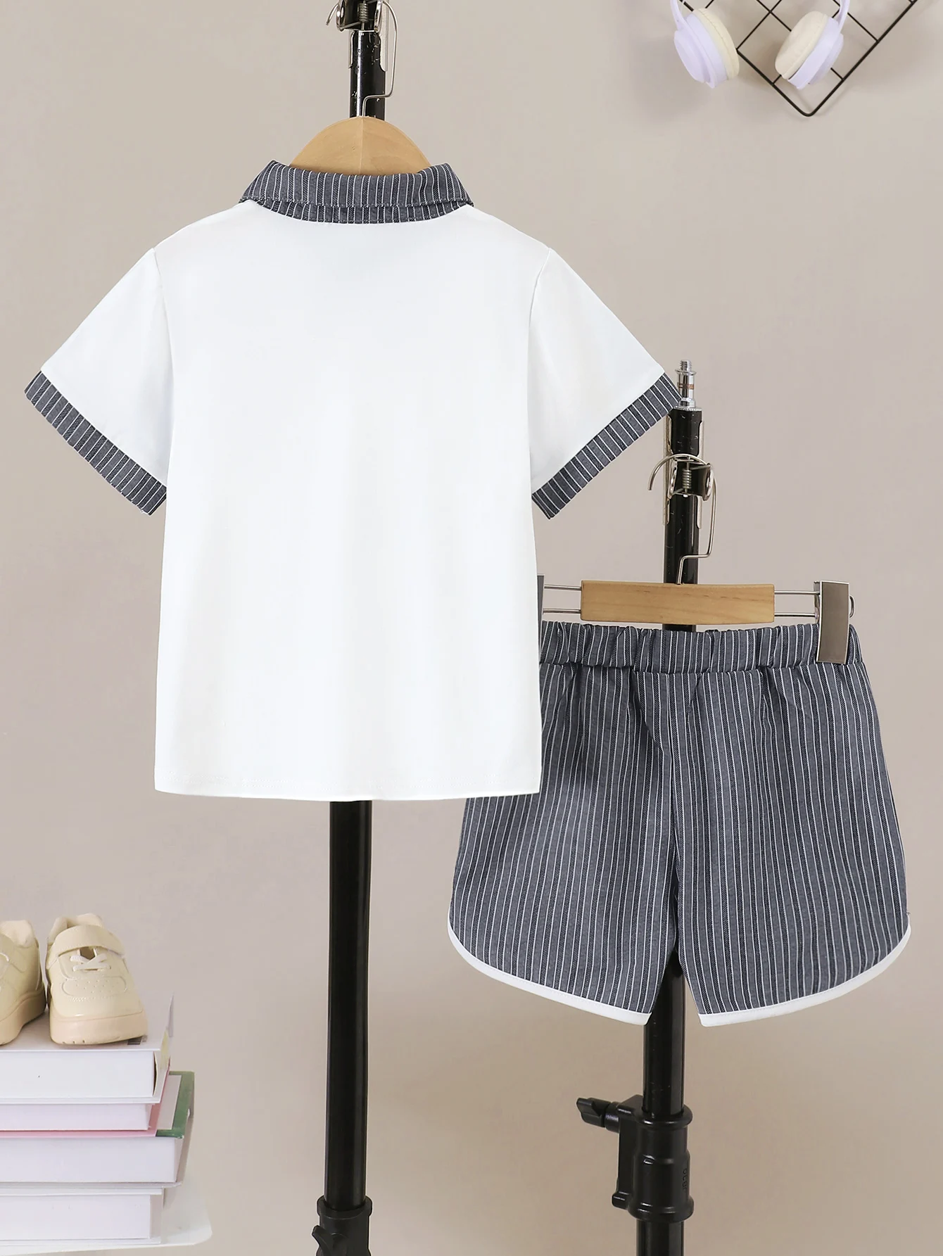 Young Boy Summer Outfit: Polo Shirt and Striped Shorts Set, Striped Collared T-Shirt + Shorts Two-Piece Set, Children's Casual Back-To-School Sportswear, Soft and Comfortable, Refreshing for Summer