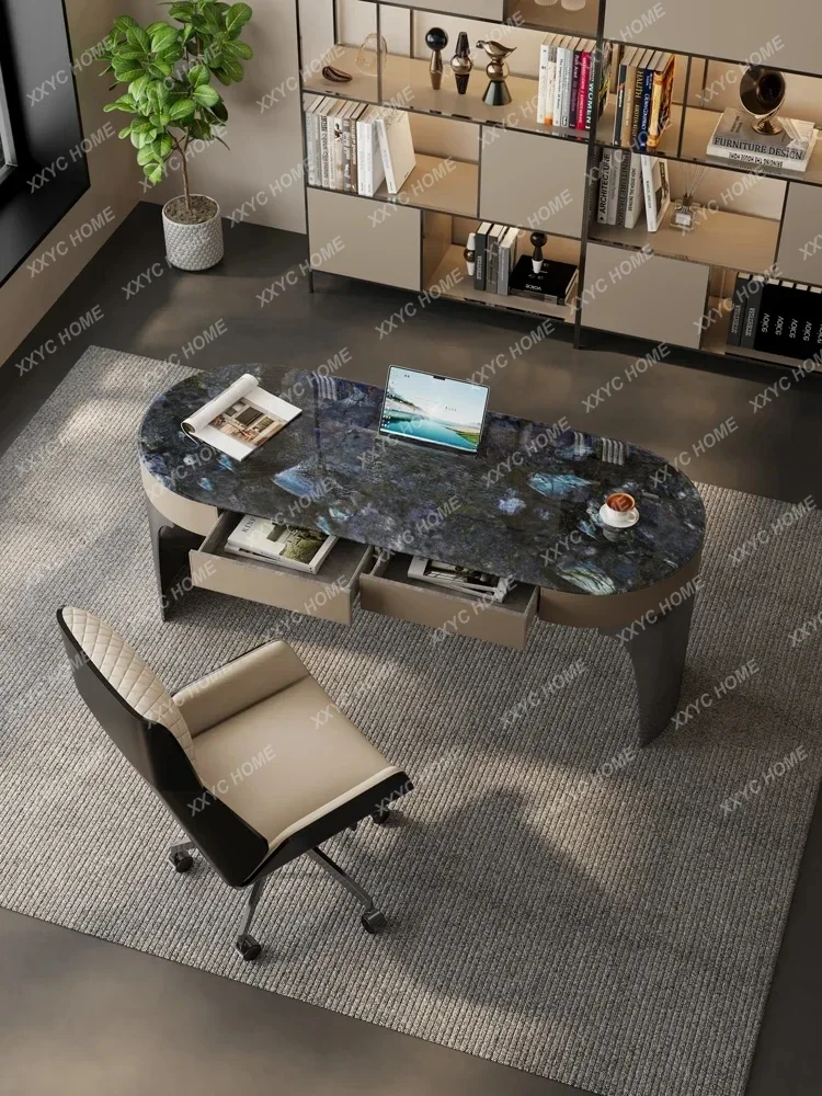 JJLight Luxury Modern Study Saddle Leather Computer Desk Minimalist Household Supercrystalline Stone Desk