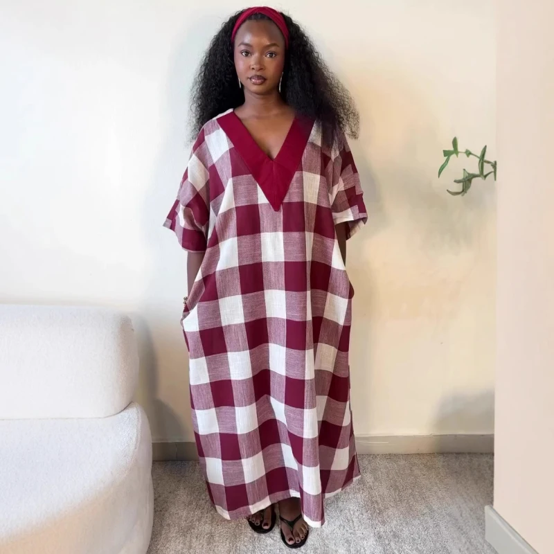 New African Fashin Women Dress Plaid Printed Short Sleeve V Neck Oversize Long Loose Dress With Pockets