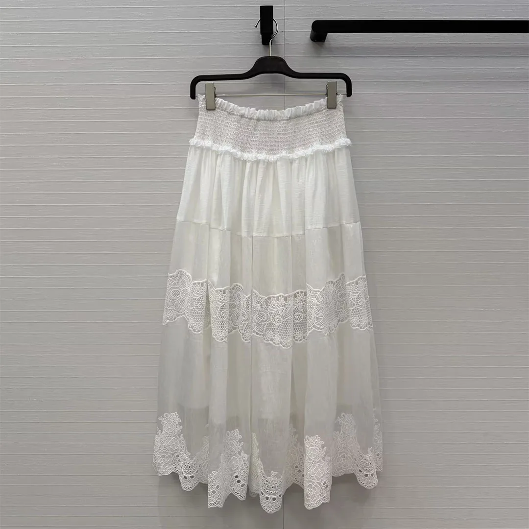 

Новая летняя женская юбка А-силуэта из льна высшего качества с вышивкой, цветочным кружевом и ажурными вставками, на эластичной высокой талии, свободного кроя, в нежном стиле