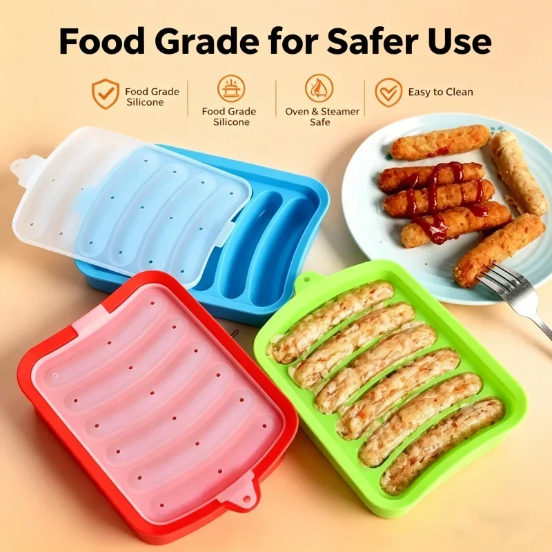 Forma de Silicone de Grau Alimentício para Linguiça com Tampa, Resistente ao Calor, Fácil de Limpar, Utensílio para Fazer Salsicha e Presunto Caseiro, Ideal para Suplementos Alimentares de Bebês