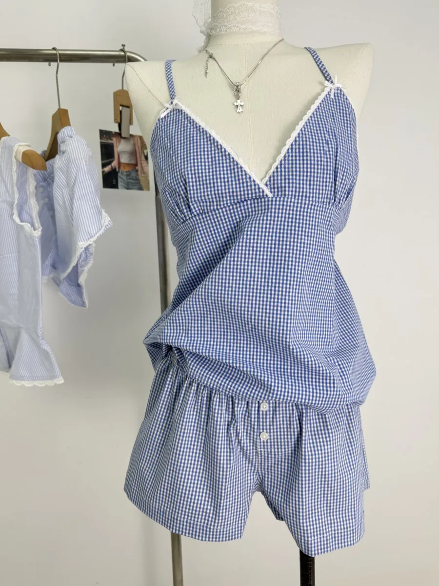 

Cute Blue Plaid Tank Shorts Pajama Set Women Sleeveless Crop Top+Elastic Waist Straight Short Pant Sweet Y2K Home 2 Piece Sets