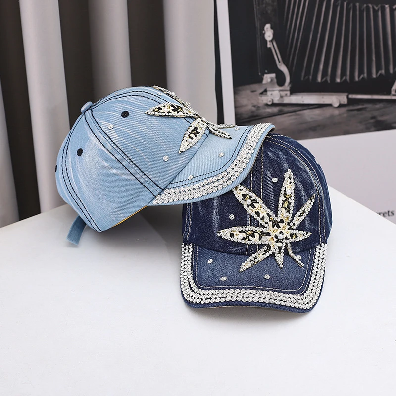 New cross-border denim baseball cap with lace and rhinestones, fashionable and versatile outdoor casual hat