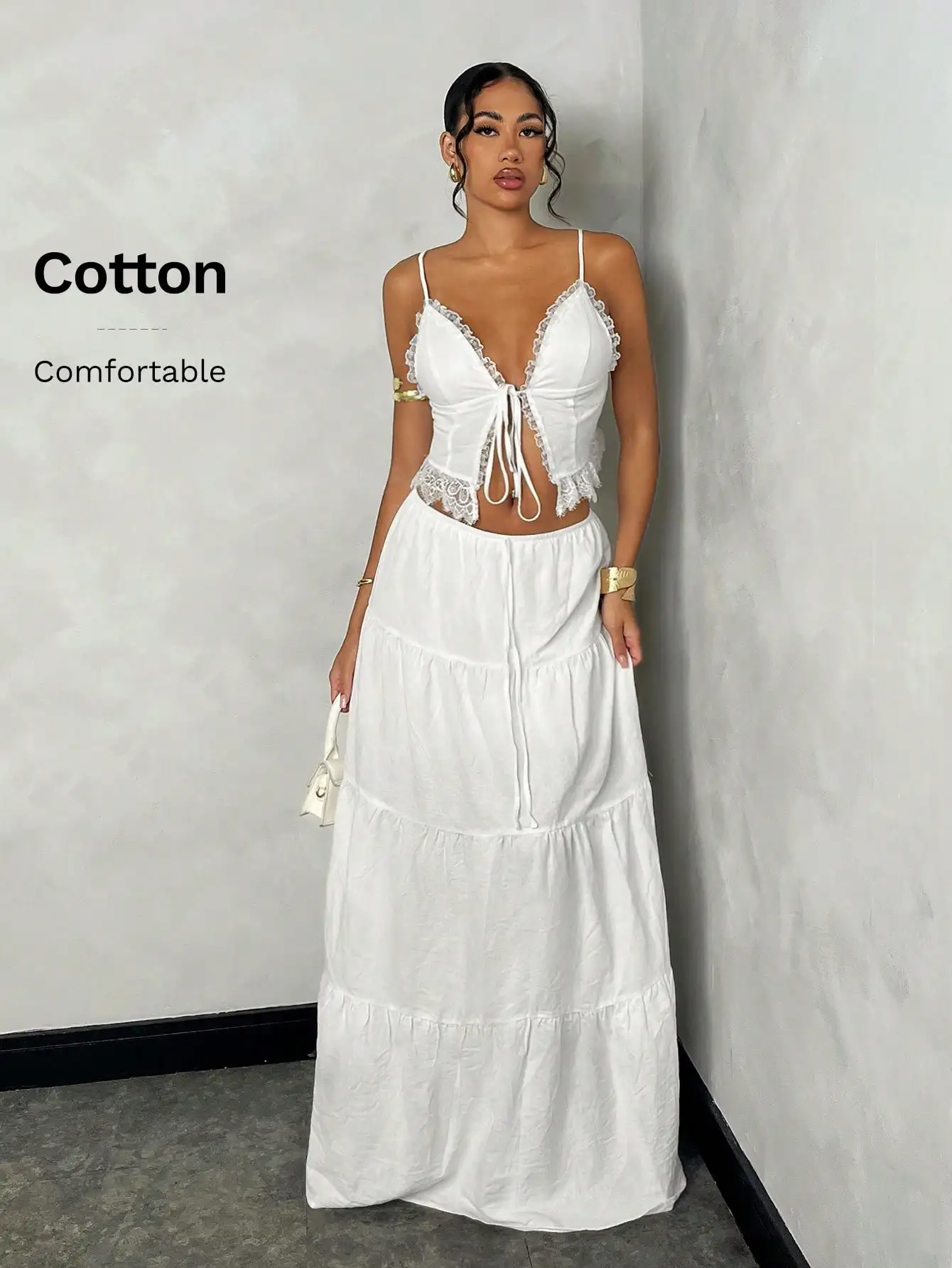 Women's White Lace Trim Cami Top & Tiered Maxi Skirt Set, Cotton, Boho Chic Summer Outfit