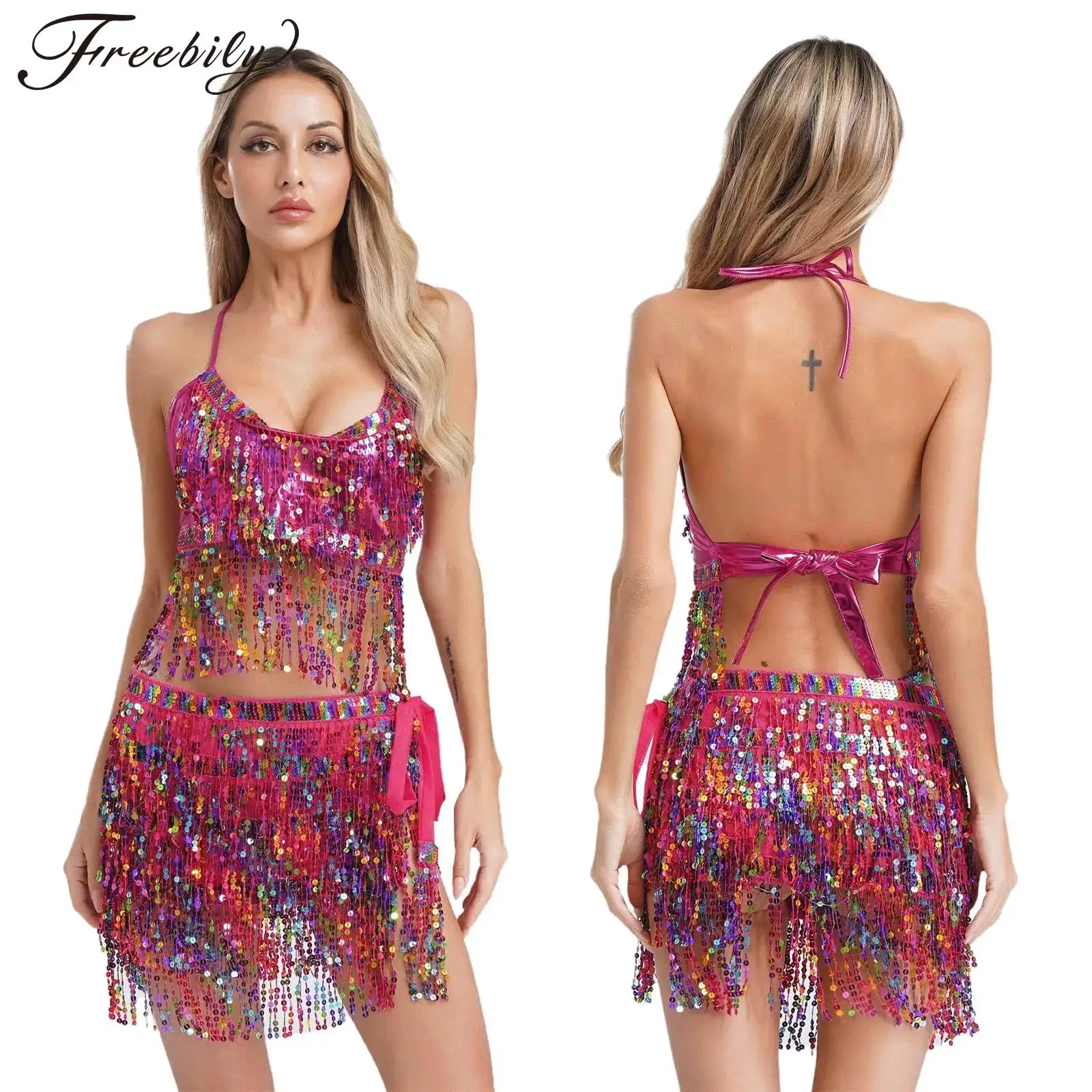 

Женские танцевальные костюмы для танца ча-ча-самбы с блестками, бюстгальтер с завязками на шее, топы с шарфом на бедрах, блестящие кисточки, платья для латинских танцев