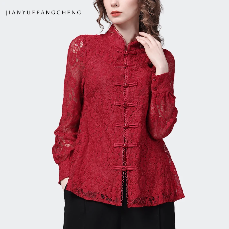 Vintage Chinese Style Red Lace Shirt 2023 Spring New Long Sleeve Stand-up Collar Hollow Design Women Tops Elegant Floral Blouses