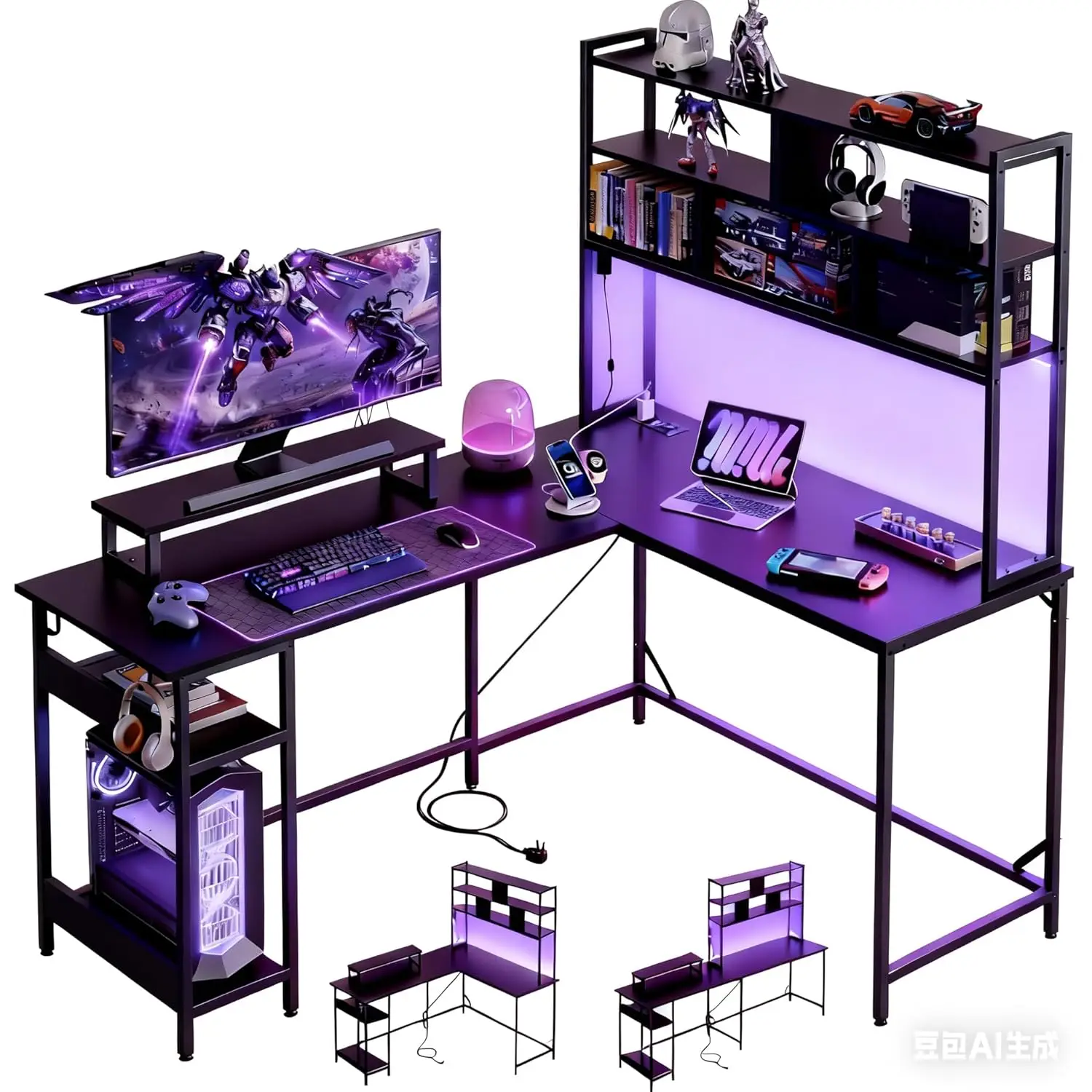 L Shaped Gaming Desk with Hutch, Reversible Computer Desk with LED Light, 3-Tier Shelves, 2 AC+2 USB Outlet and Monitor Stand, C