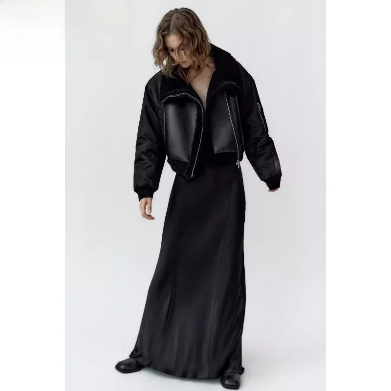 

Faionable кожаное пальто из овчины, женское осенне-зимнее новое универсальное пальто в стиле пэчворк, теплое пушистое пальто на молнии