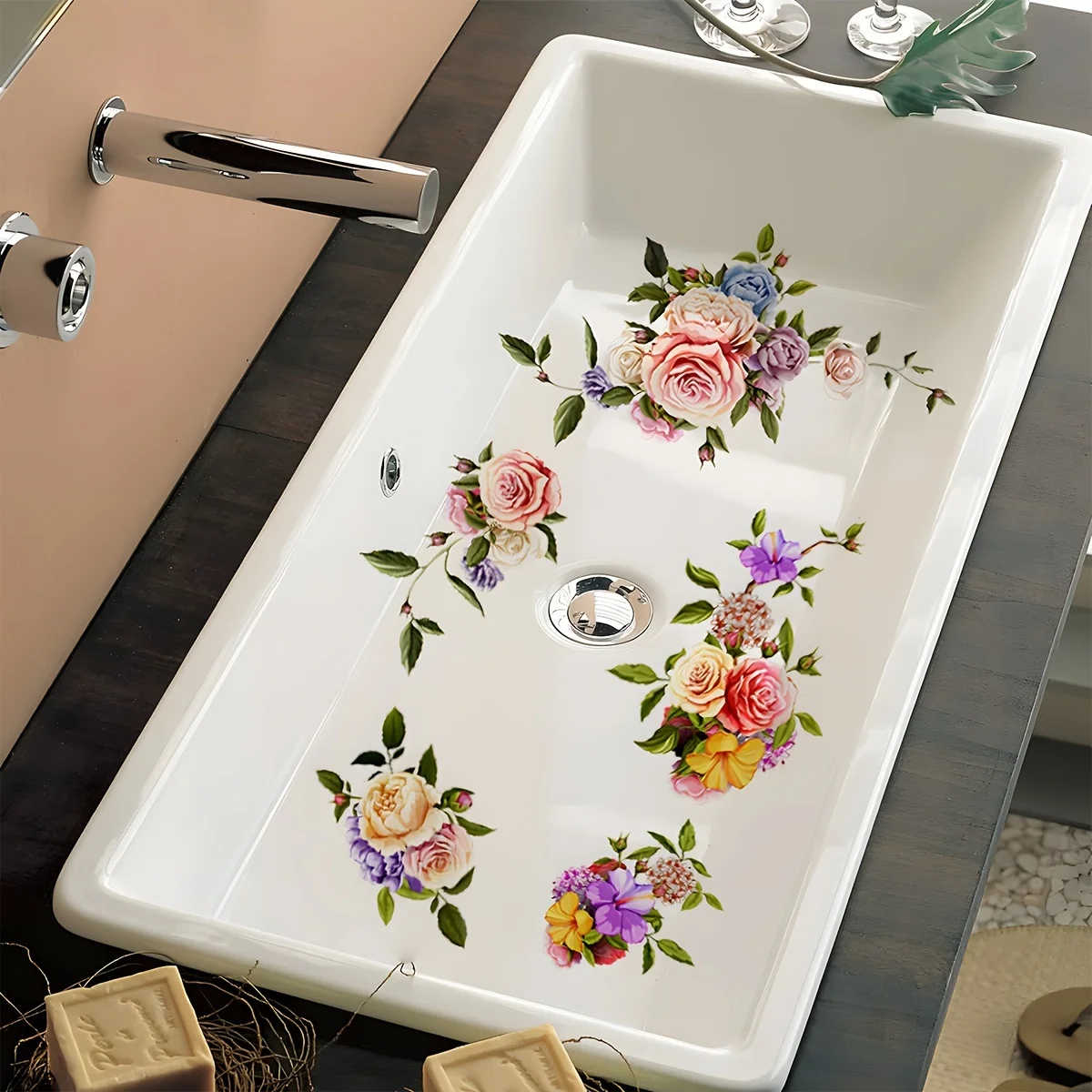 1PC multi-color rosebud pattern waterproof non-slip self-adhesive bathroom decorative stickers wash basin stickers